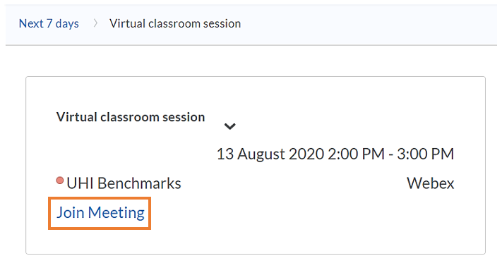 Webex Meetings appointment in the Brightspace calendar with the Join Meeting link